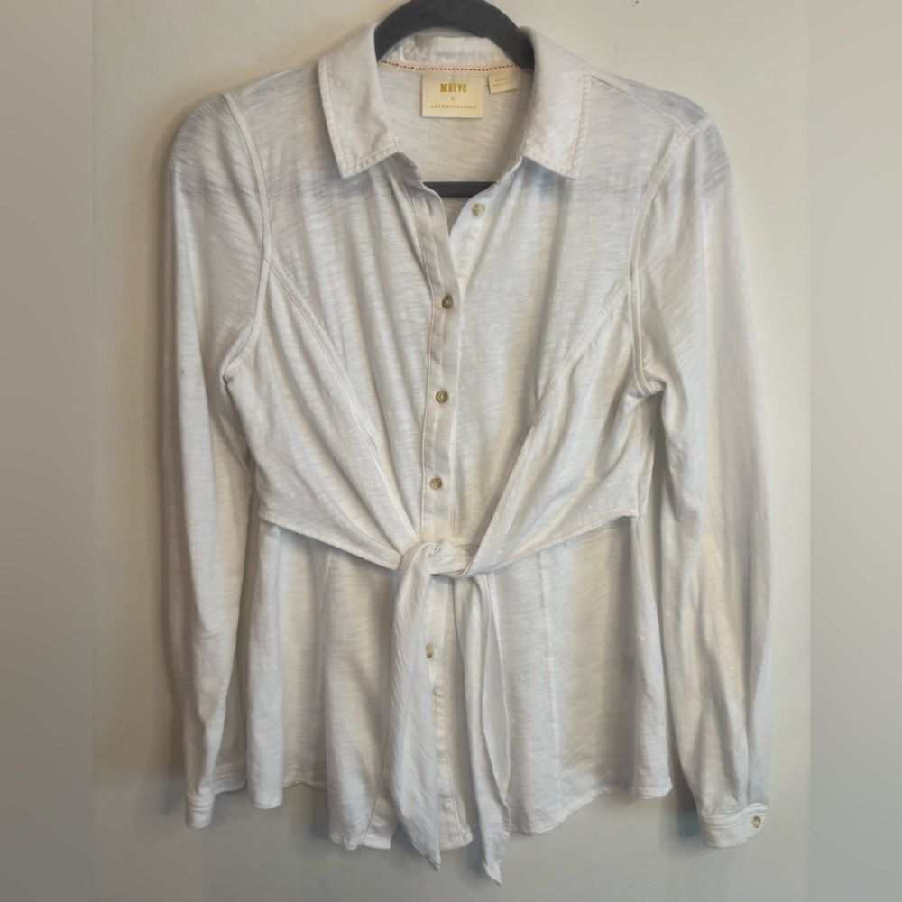 Maeve by Anthropologie GUC white front tie long sleeve peplum top Size small
